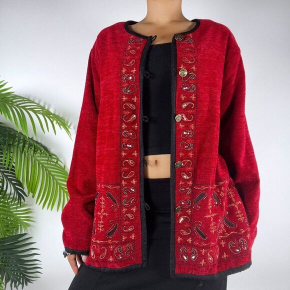 Vintage 90s Red Paisley Embroidered Fairy Grunge Bohemian Oversized Jacket / L - Picture 5 of 7